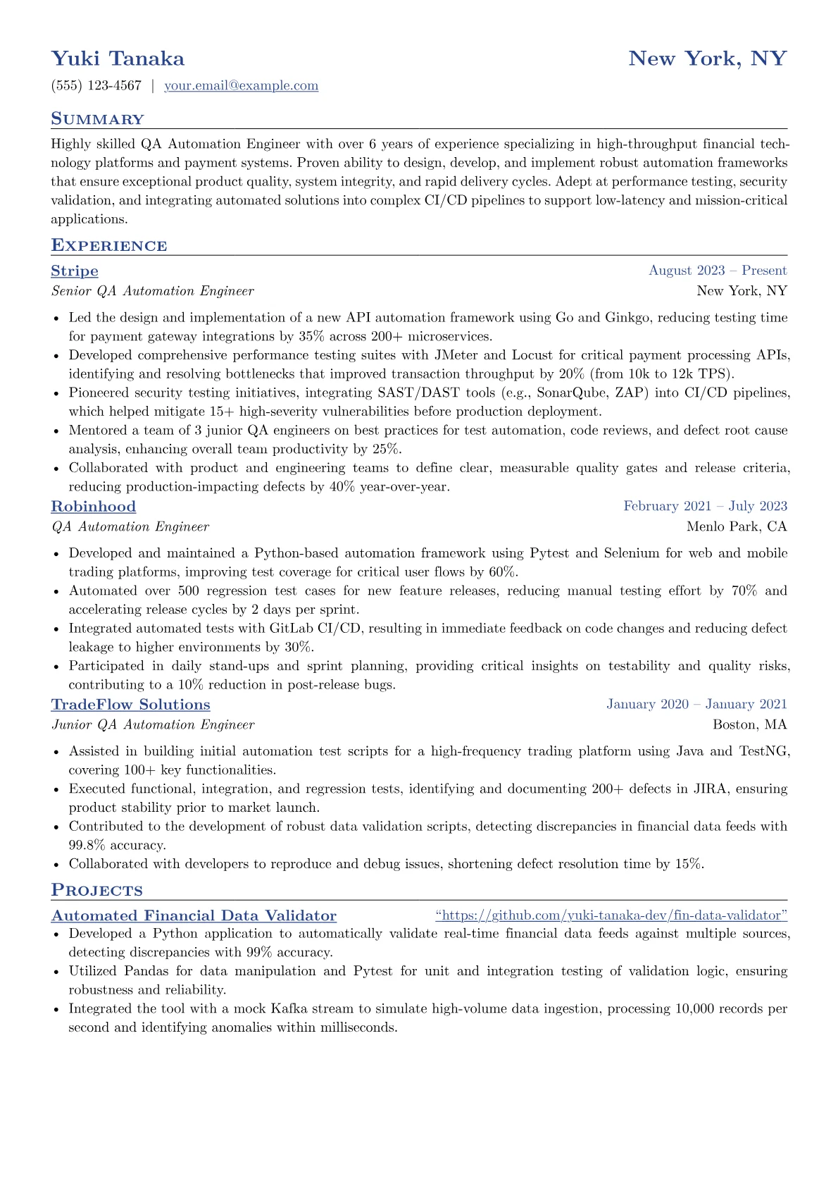 QA Automation Engineer resume example, FinTech Focus, page 1