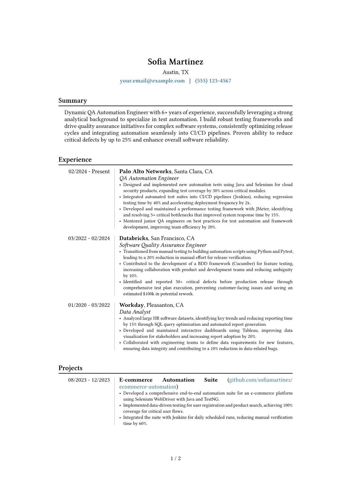 QA Automation Engineer resume example, Career changer, page 1