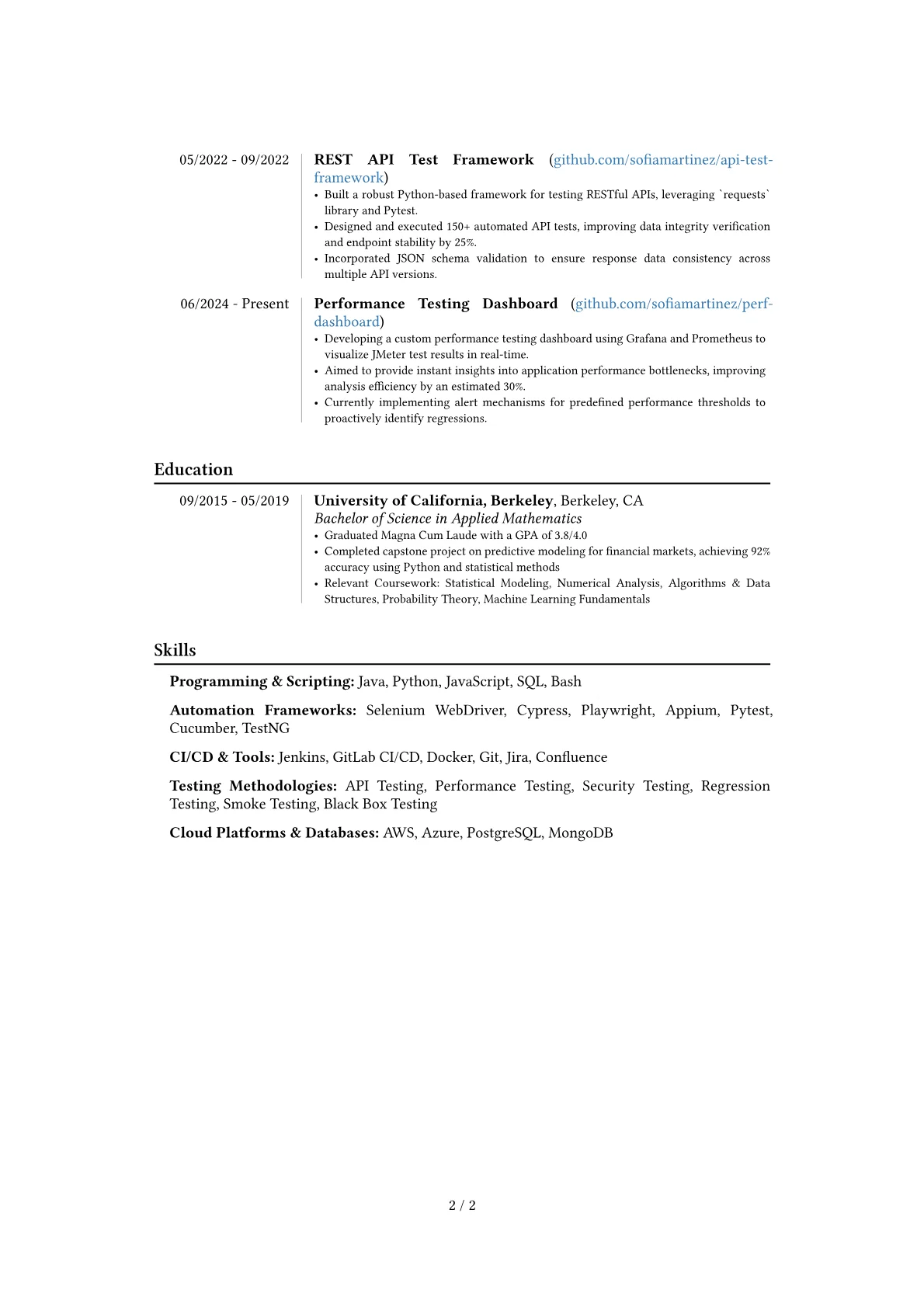 QA Automation Engineer resume example, Career changer, page 2