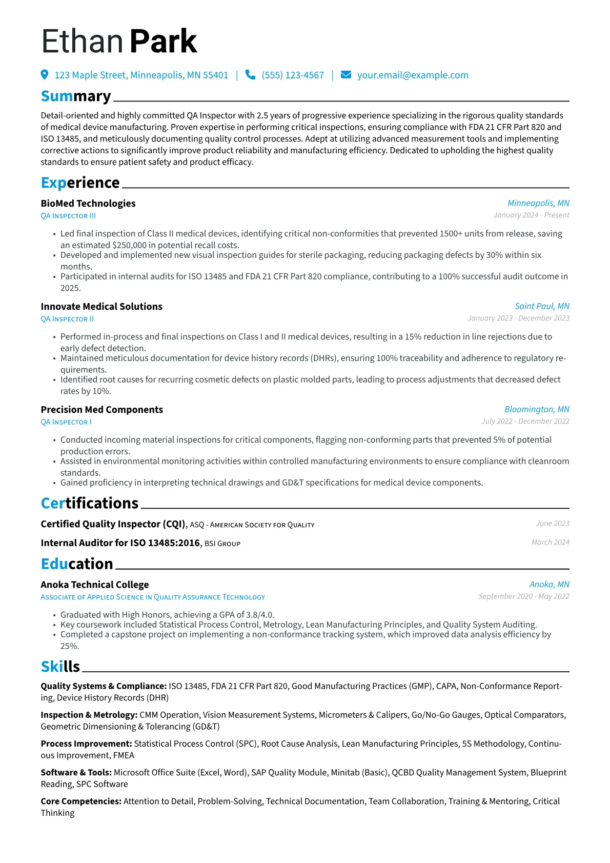 QA Inspector resume example, Medical Device QA, page 1
