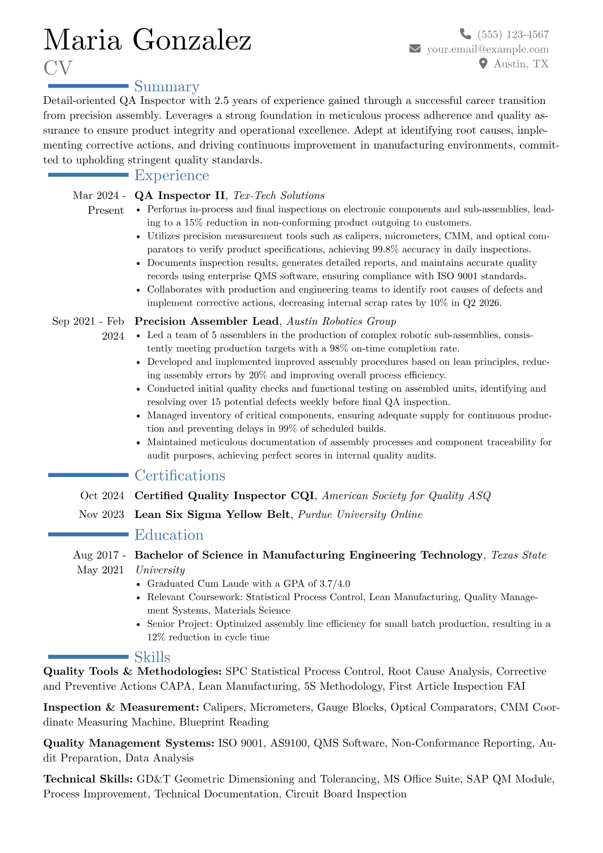 QA Inspector resume example, Career changer, page 1