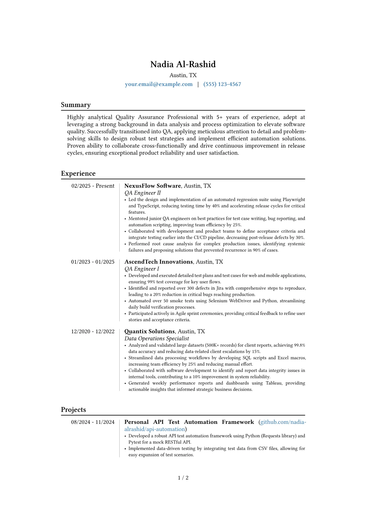 QA Professional resume example, Career changer, page 1