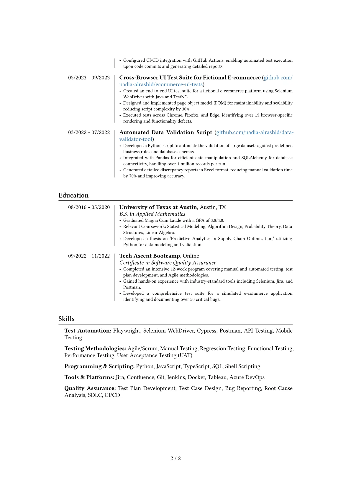 QA Professional resume example, Career changer, page 2
