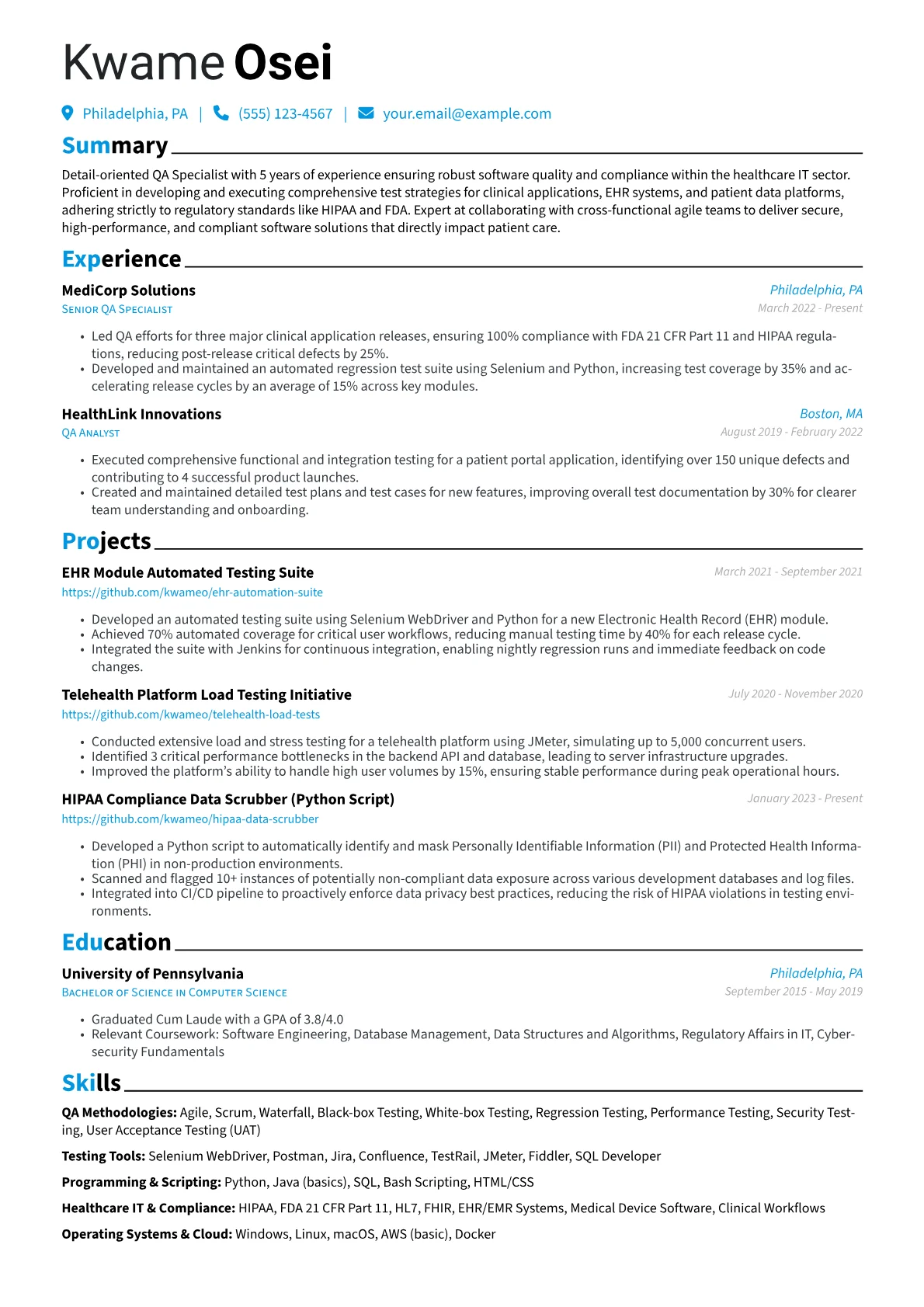 QA Specialist resume example, Healthcare IT QA, page 1