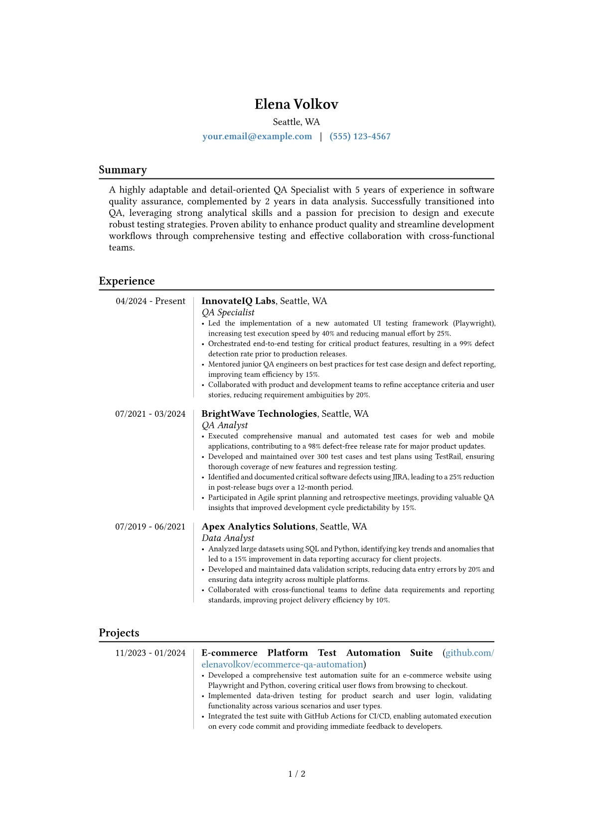 QA Specialist resume example, Career changer, page 1