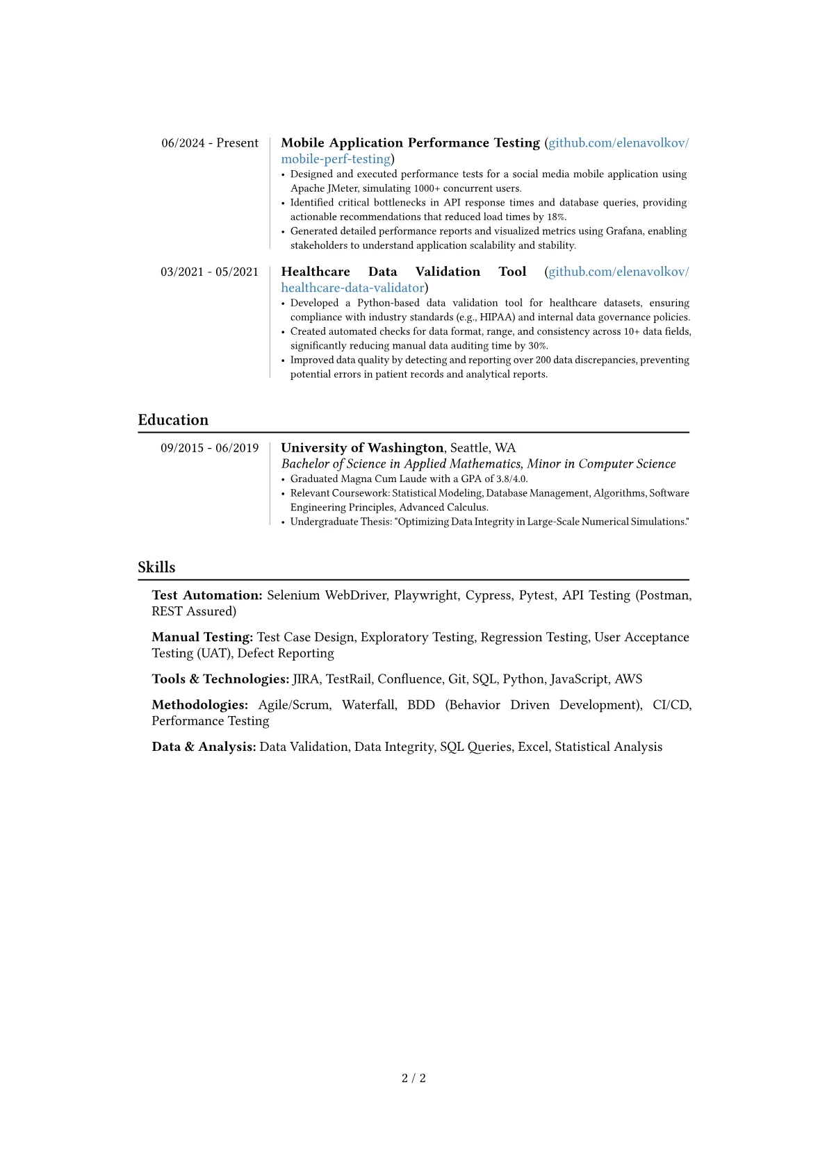QA Specialist resume example, Career changer, page 2