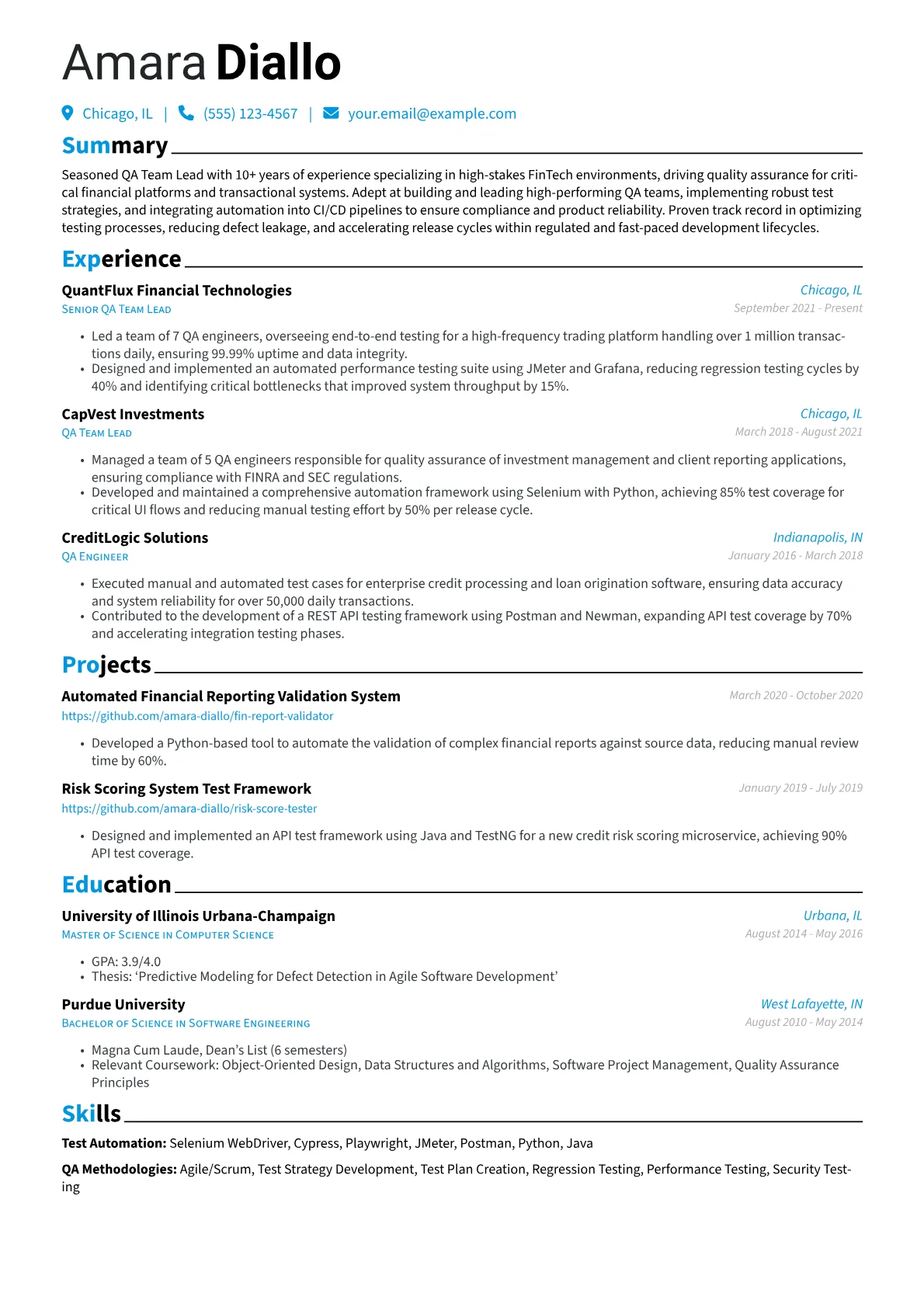 QA Team Lead resume example, FinTech Specialist, page 1
