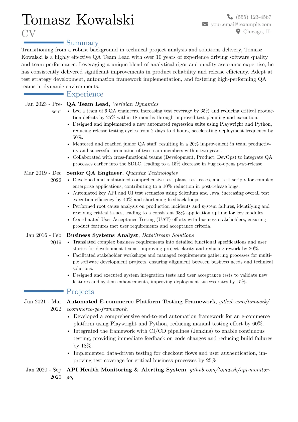 QA Team Lead resume example, Career changer, page 1