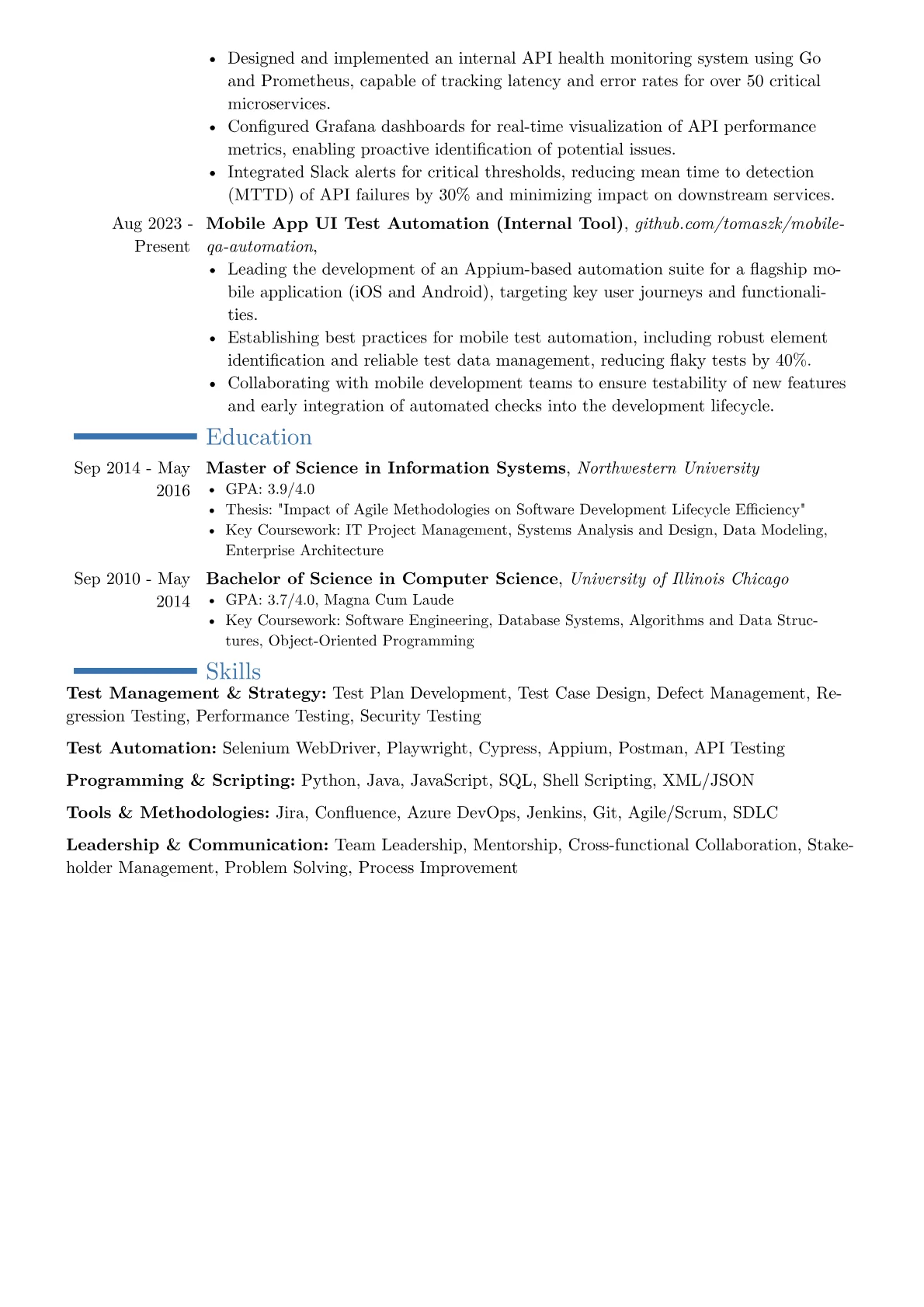 QA Team Lead resume example, Career changer, page 2