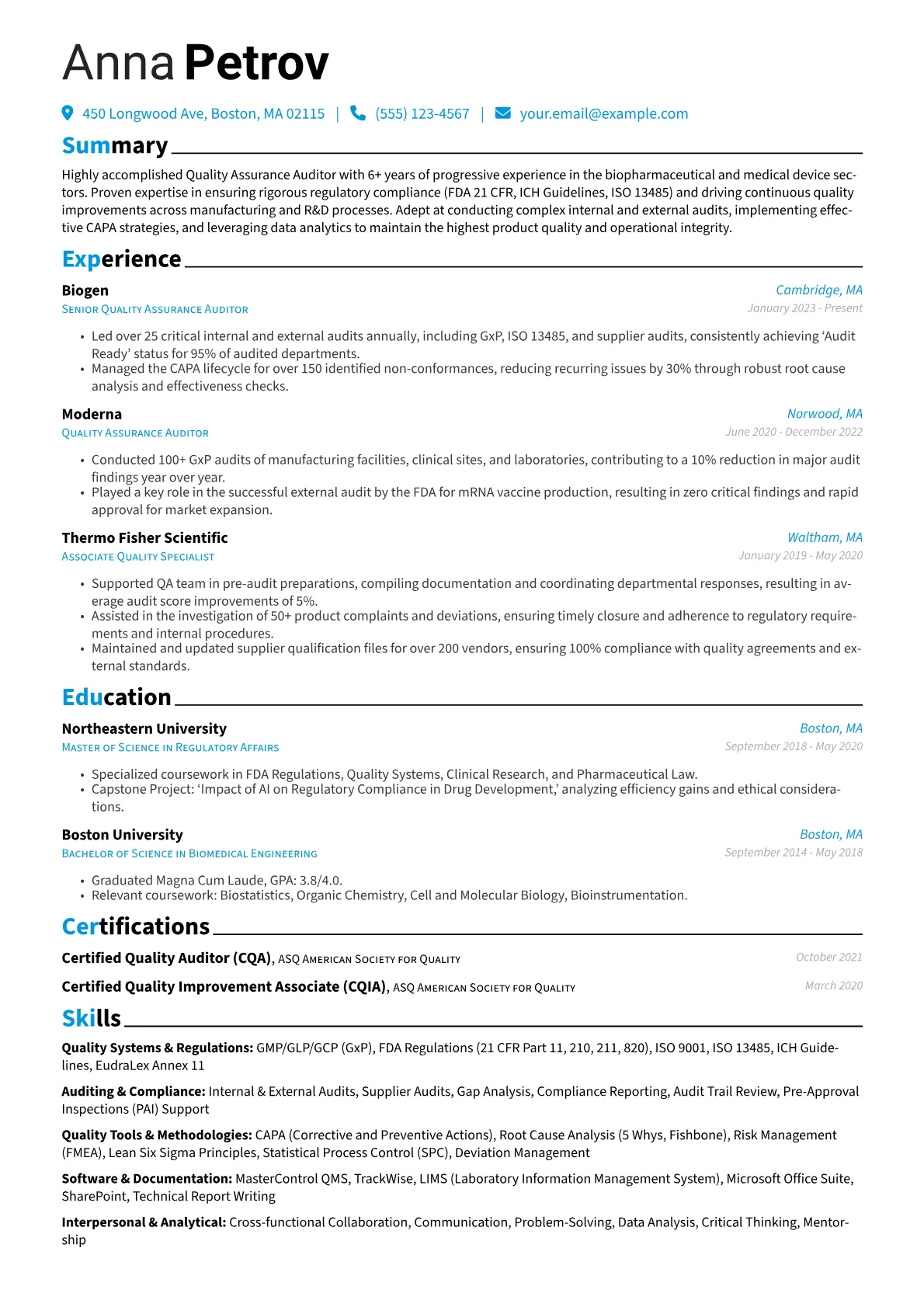 Quality Assurance Auditor resume example, Pharmaceutical QA Auditor, page 1