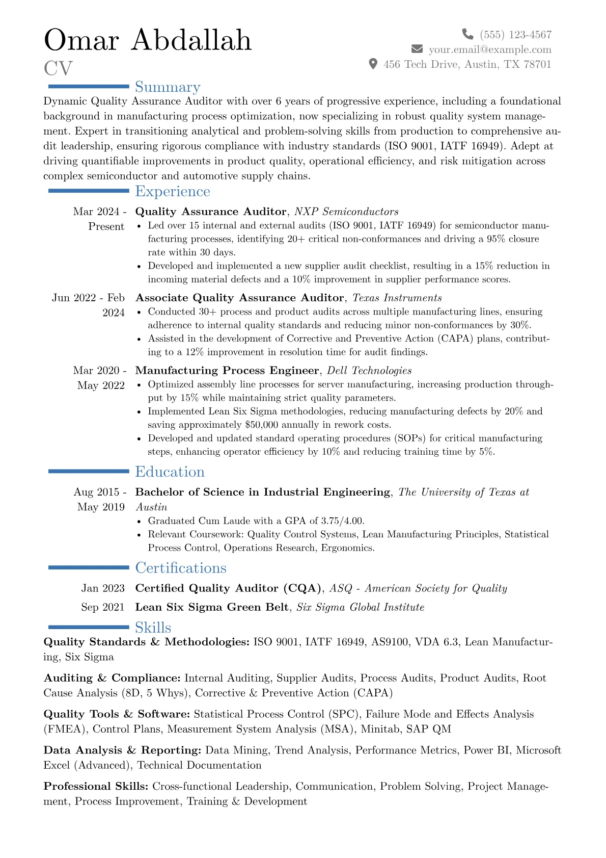 Quality Assurance Auditor resume example, Career changer, page 1