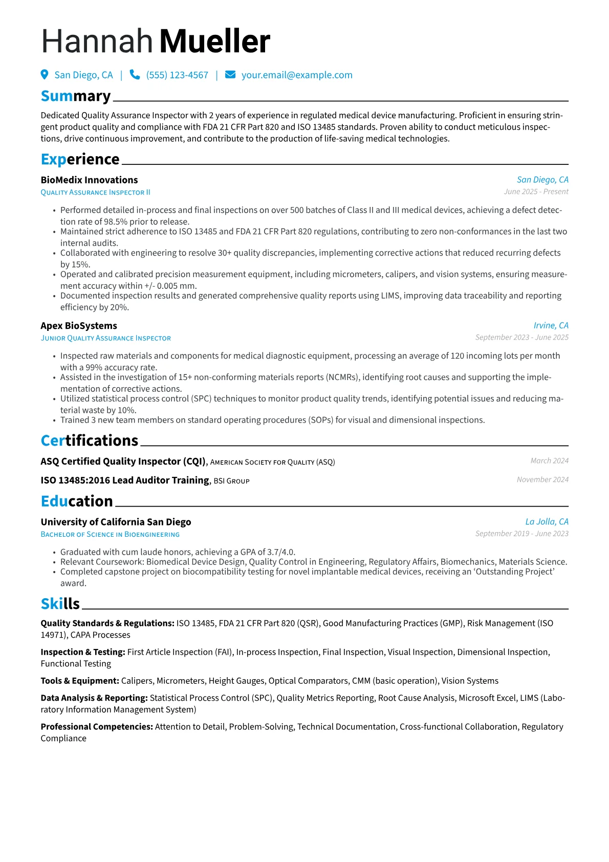 Quality Assurance Inspector resume example, Medical Device QA, page 1