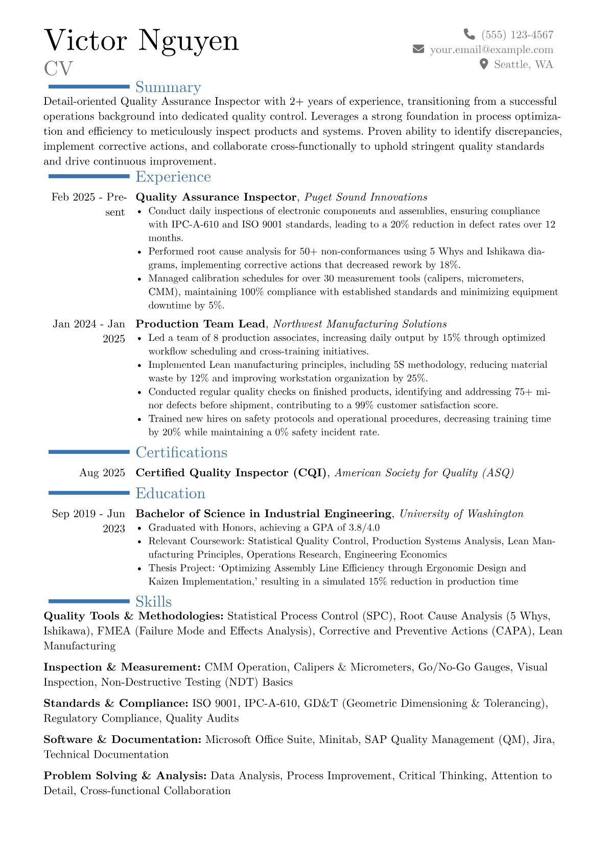 Quality Assurance Inspector resume example, Career changer, page 1
