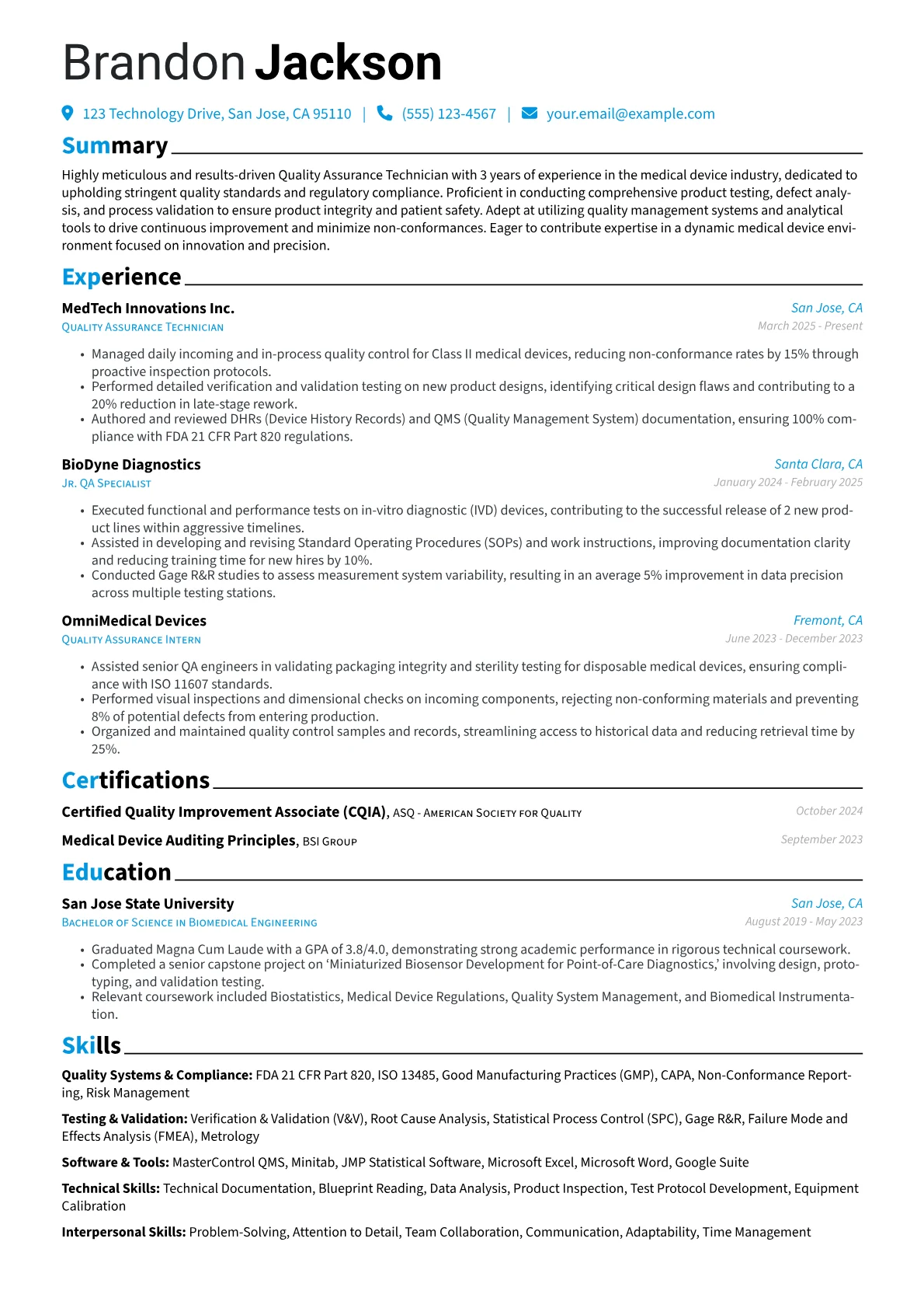 Quality Assurance Technician resume example, Medical Device Focus, page 1