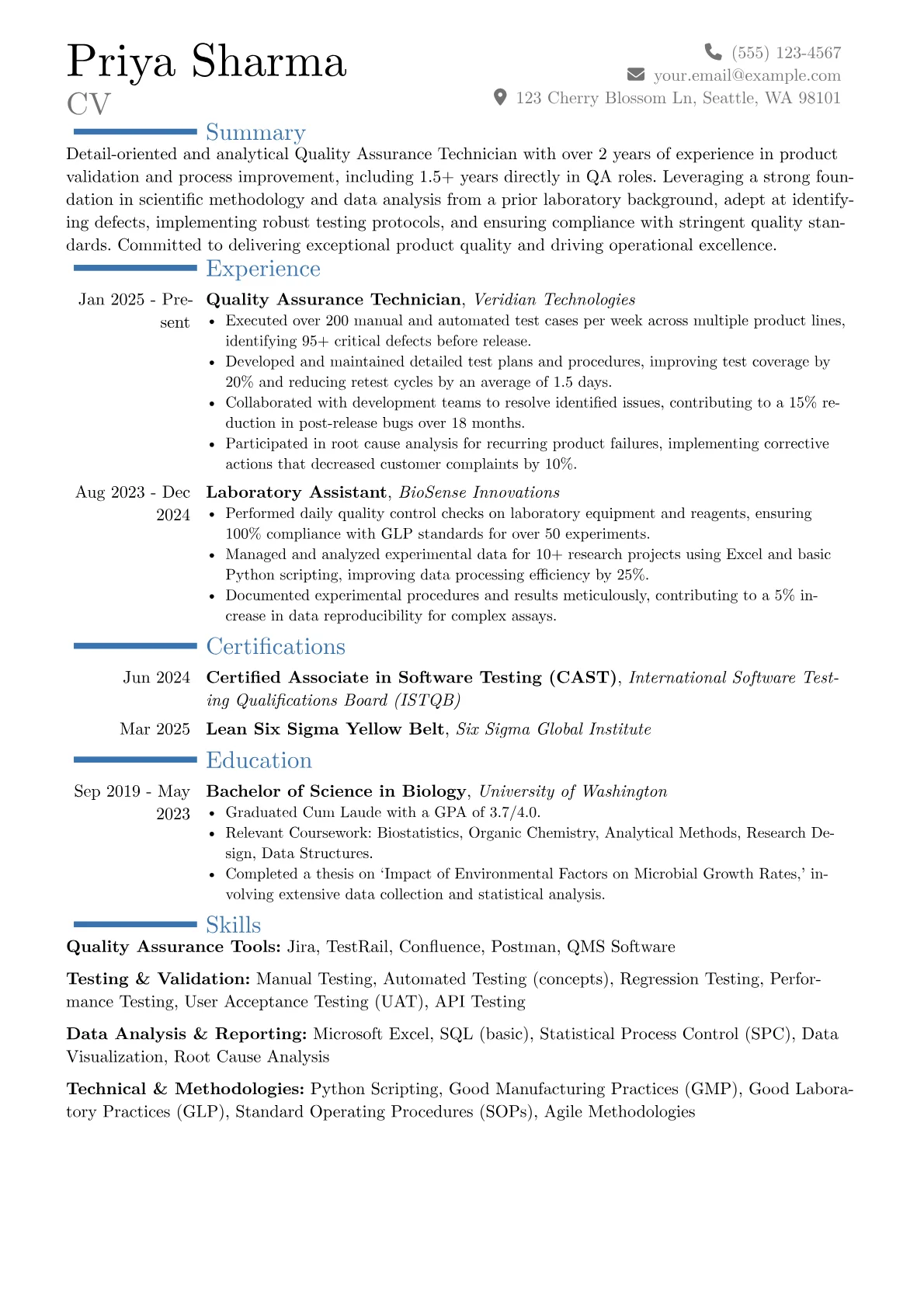 Quality Assurance Technician resume example, Career changer, page 1