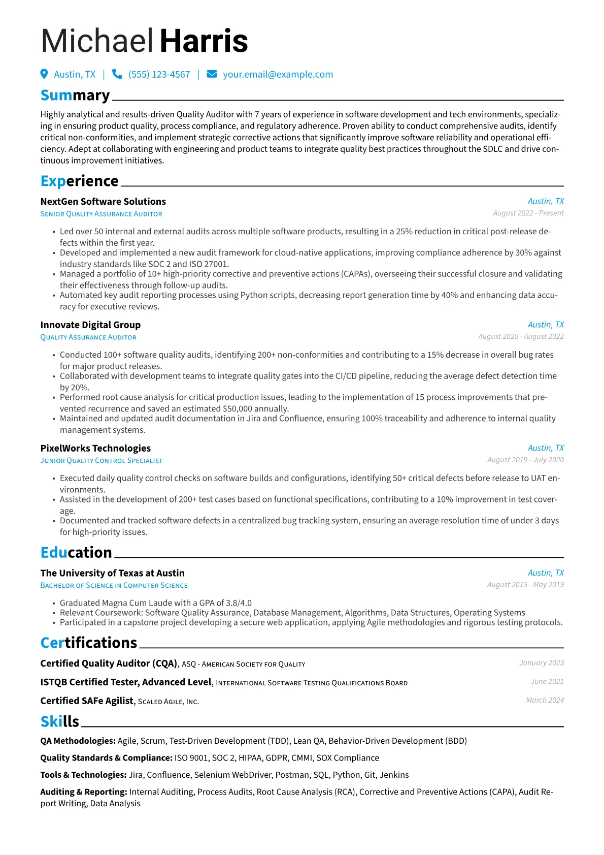 Quality Auditor resume example, Software Quality Assurance, page 1
