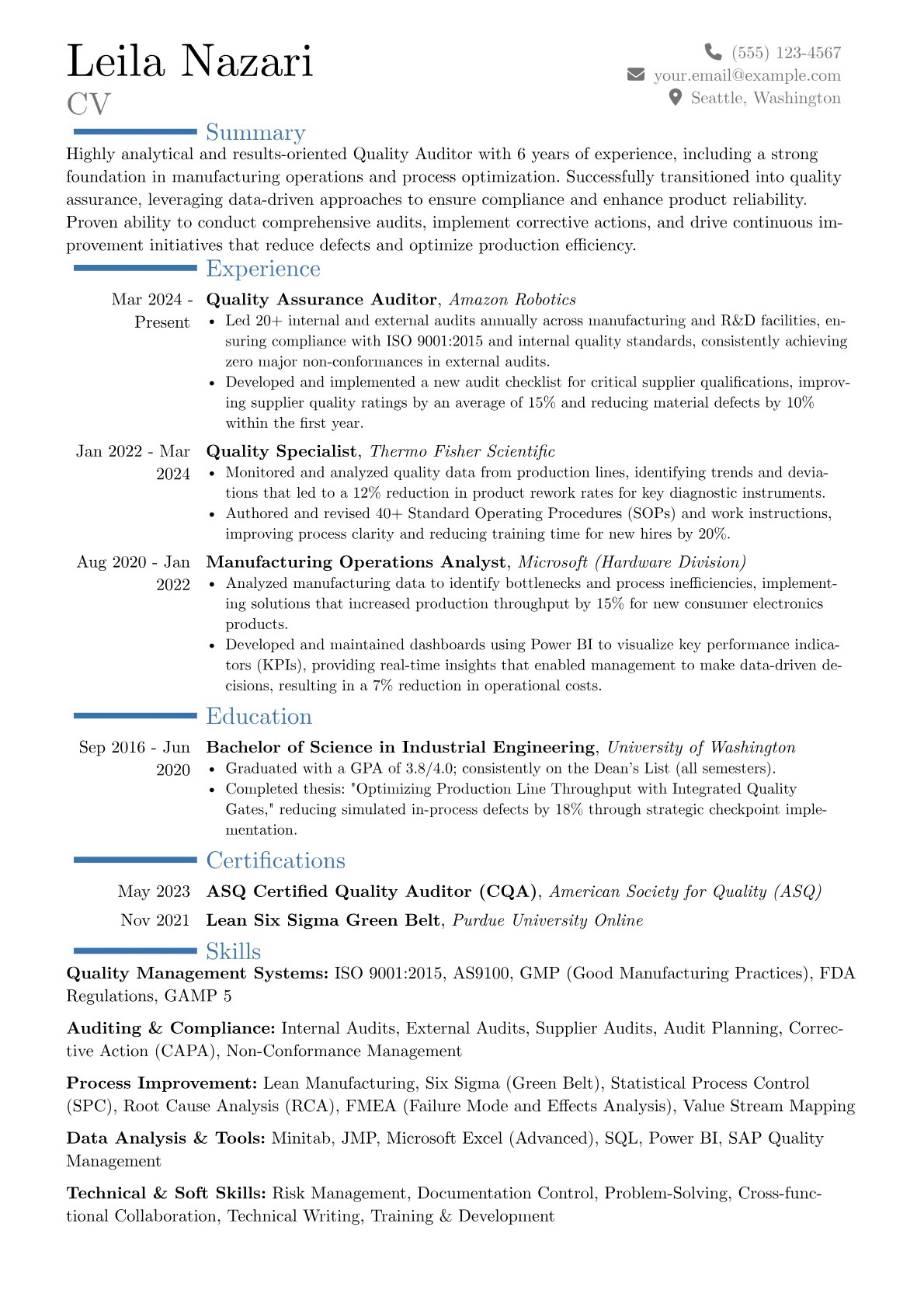 Quality Auditor resume example, Career changer, page 1