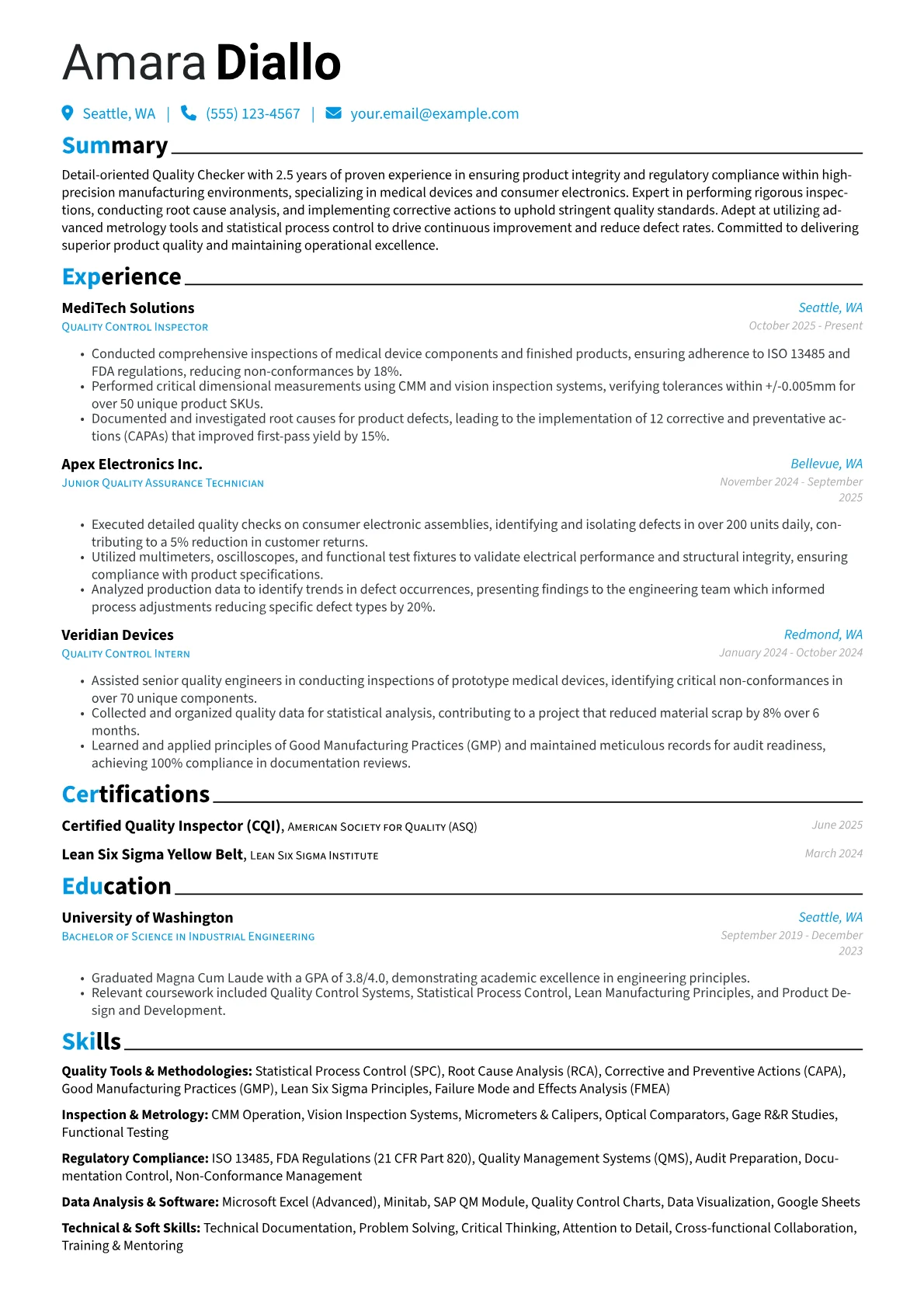 Quality Checker resume example, Quality Tools, page 1