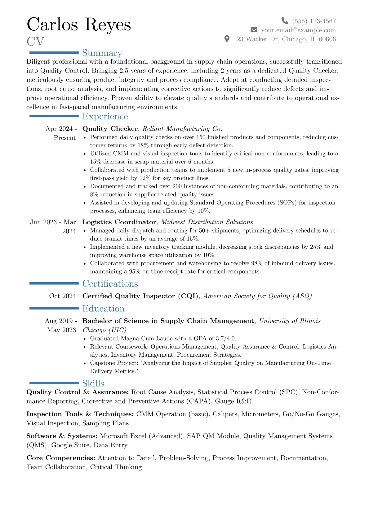 Quality Checker resume example, Career changer, page 1