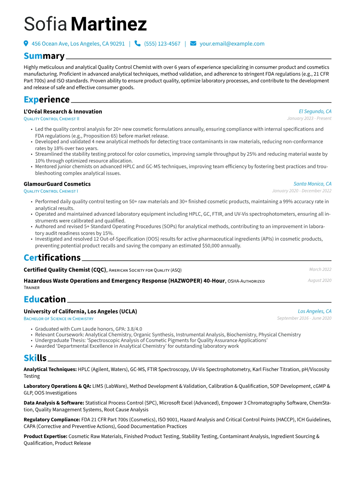 Quality Control Chemist resume example, Quality Control Chemist, page 1