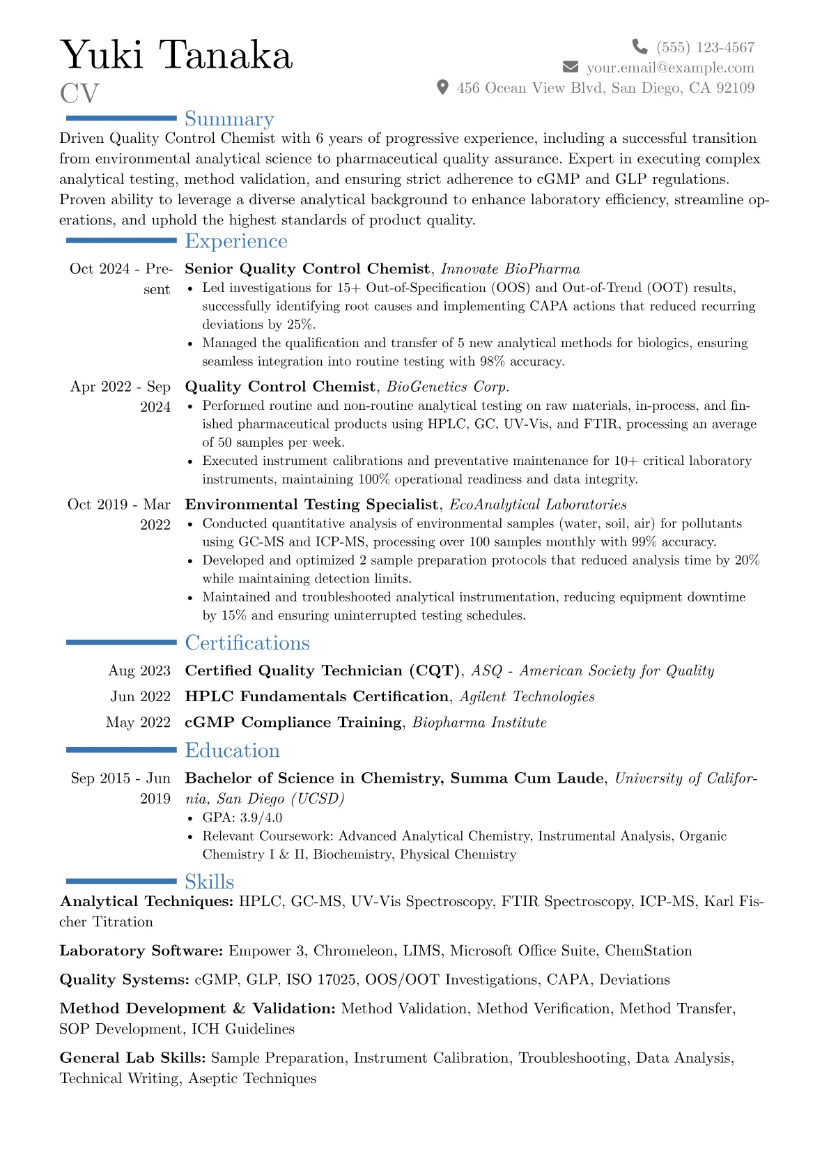 Quality Control Chemist resume example, Career changer, page 1