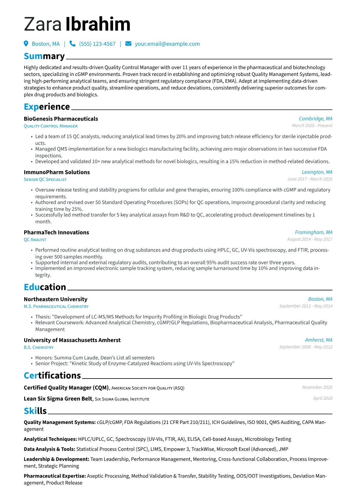 Quality Control Manager resume example, Quality Control Manager, page 1