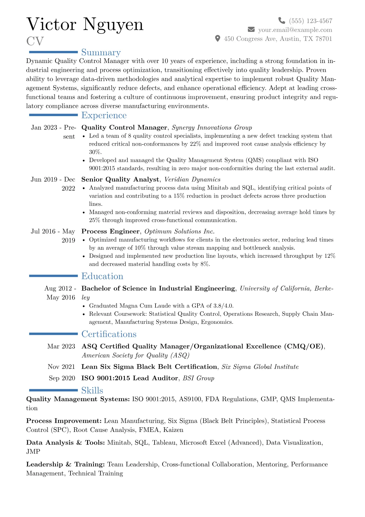 Quality Control Manager resume example, Career changer, page 1