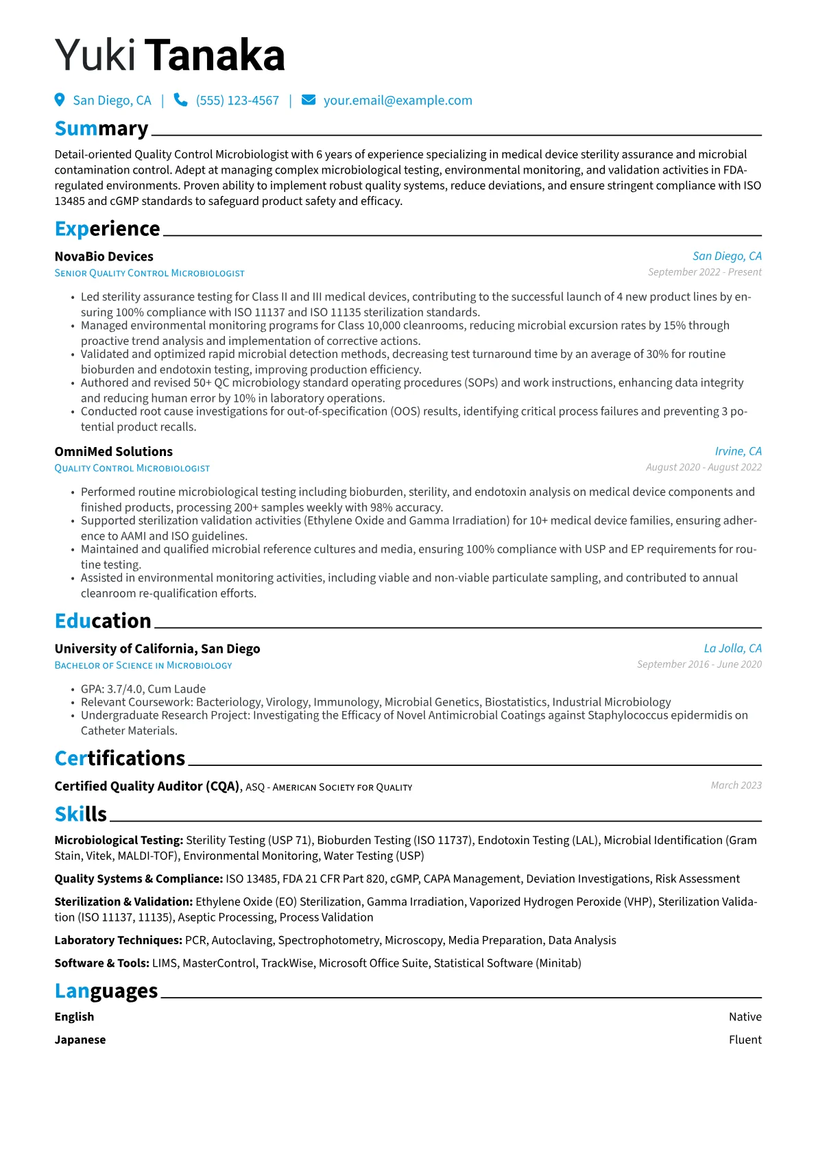 Quality Control Microbiologist resume example, Microbiological Testing, page 1