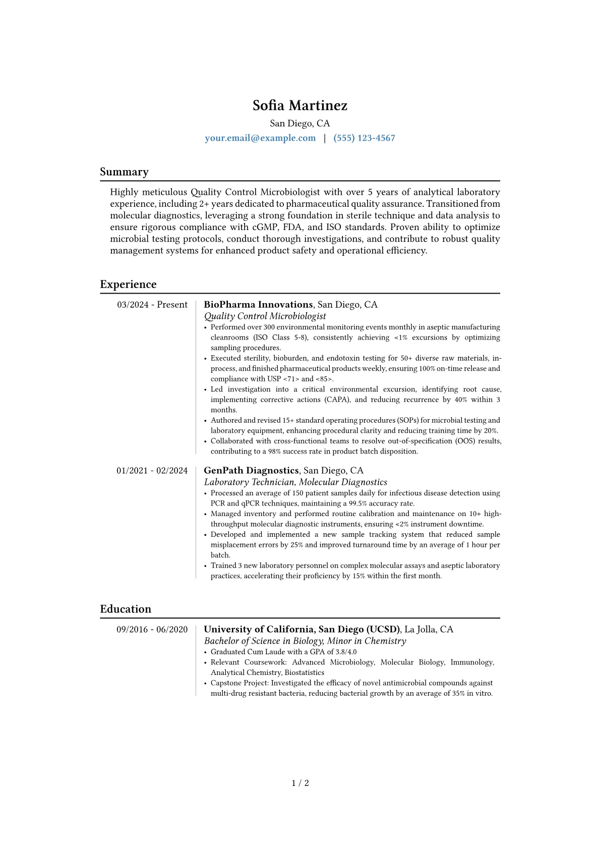 Quality Control Microbiologist resume example, Career changer, page 1