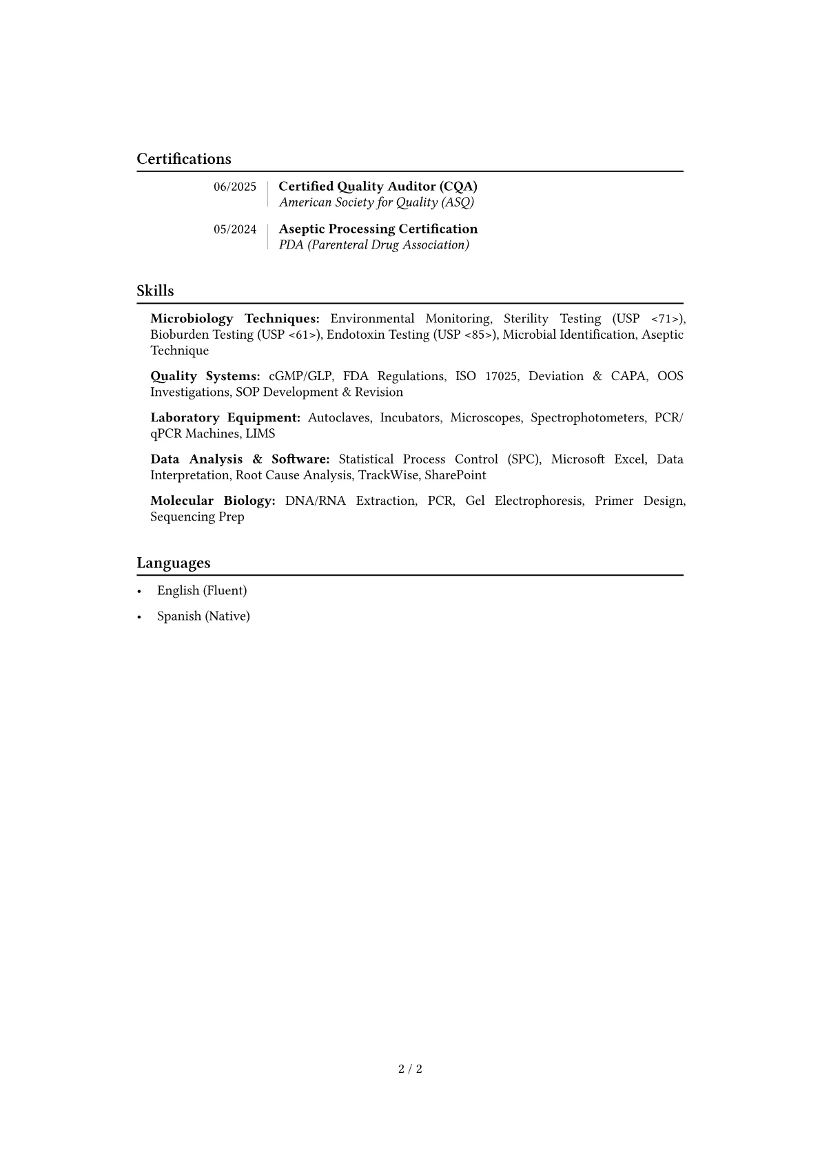 Quality Control Microbiologist resume example, Career changer, page 2