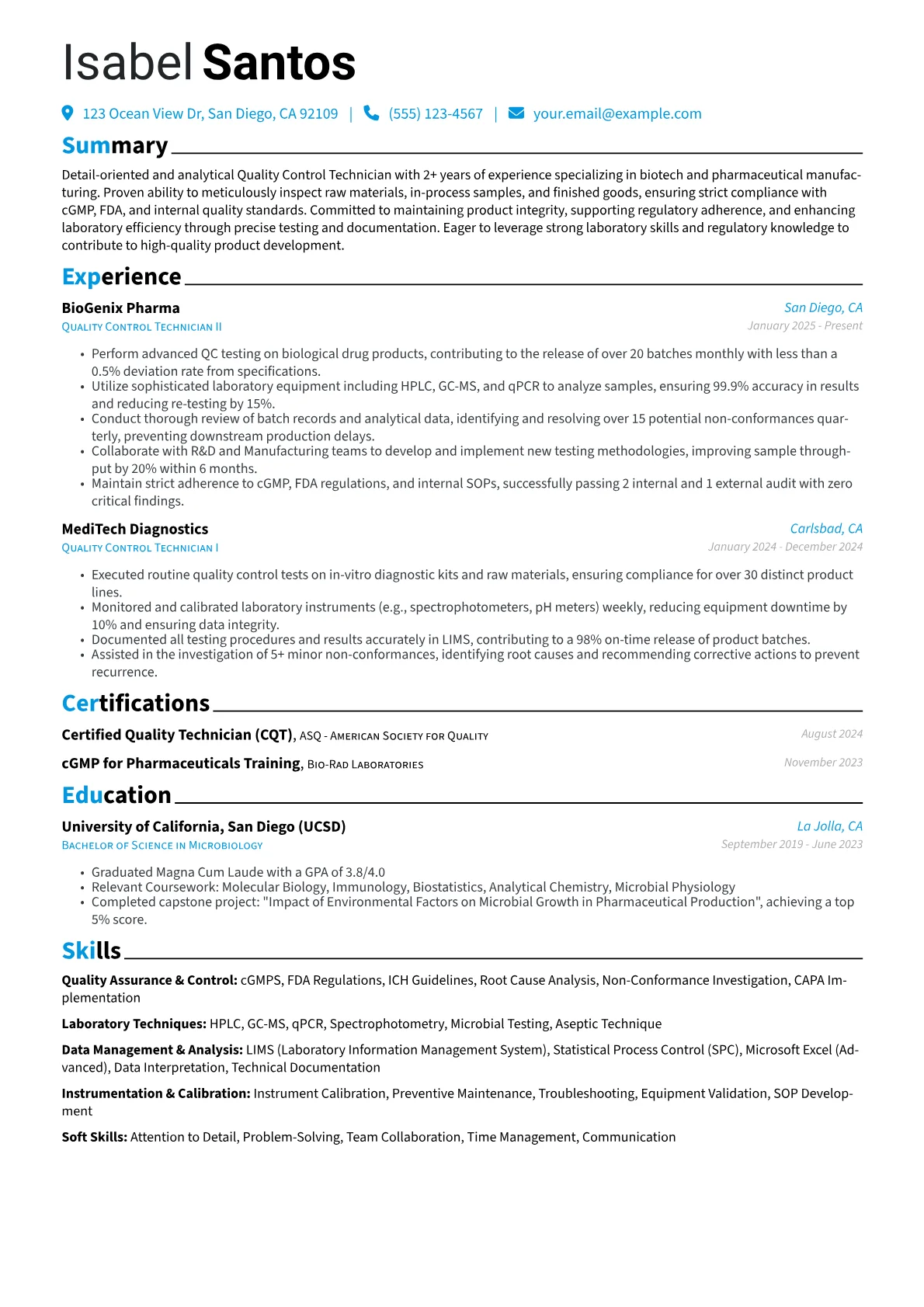 Quality Control Technician resume example, Biotech/Pharma QC, page 1