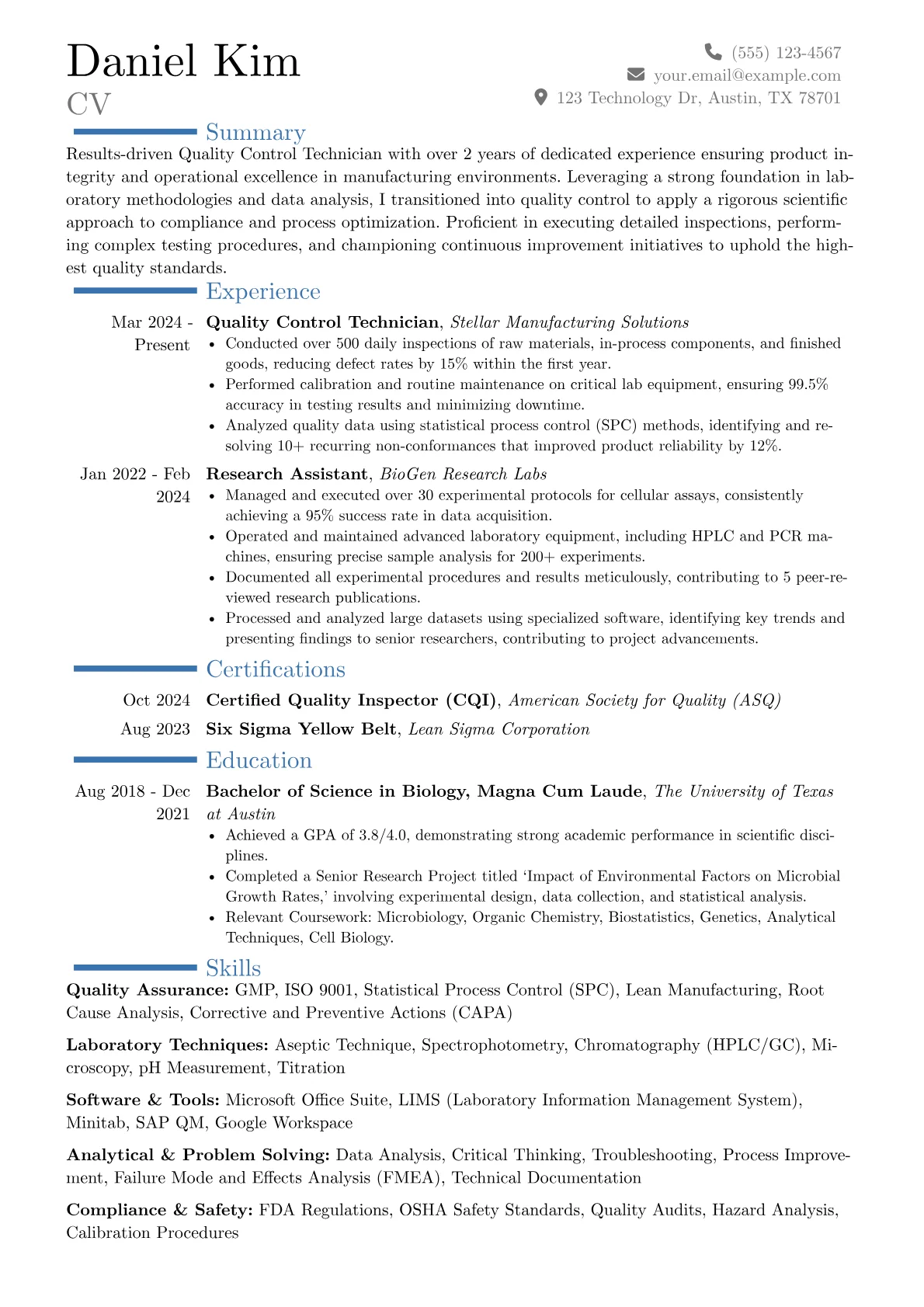 Quality Control Technician resume example, Career changer, page 1