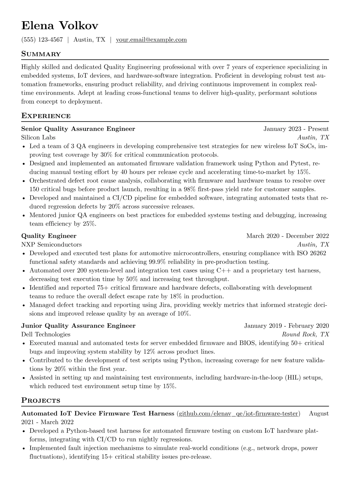 Quality Engineering resume example, Embedded Systems Quality, page 1