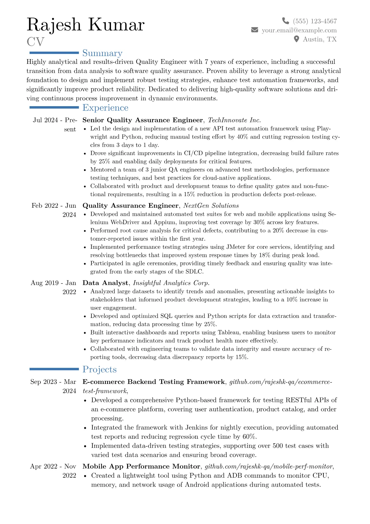 Quality Engineering resume example, Career changer, page 1