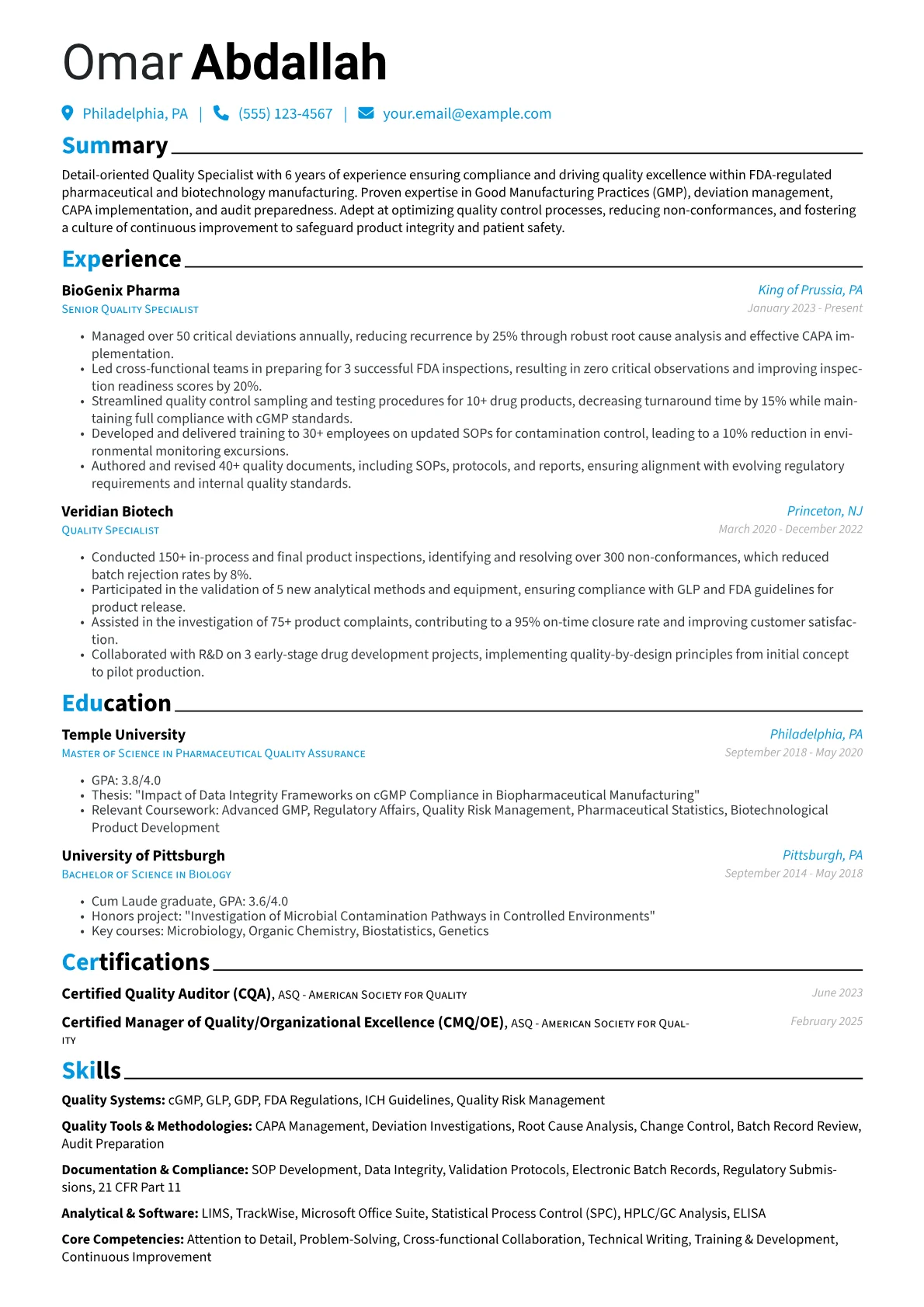 Quality Specialist resume example, Pharmaceutical Quality, page 1