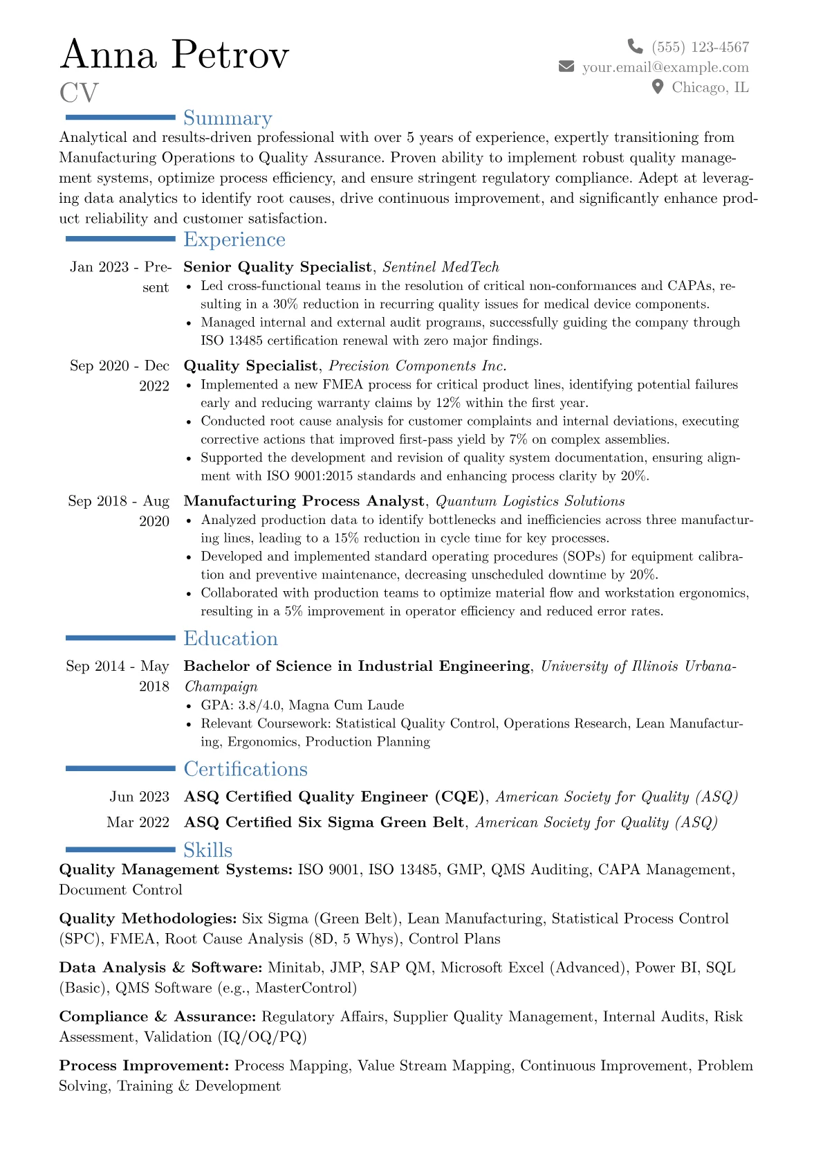 Quality Specialist resume example, Career changer, page 1