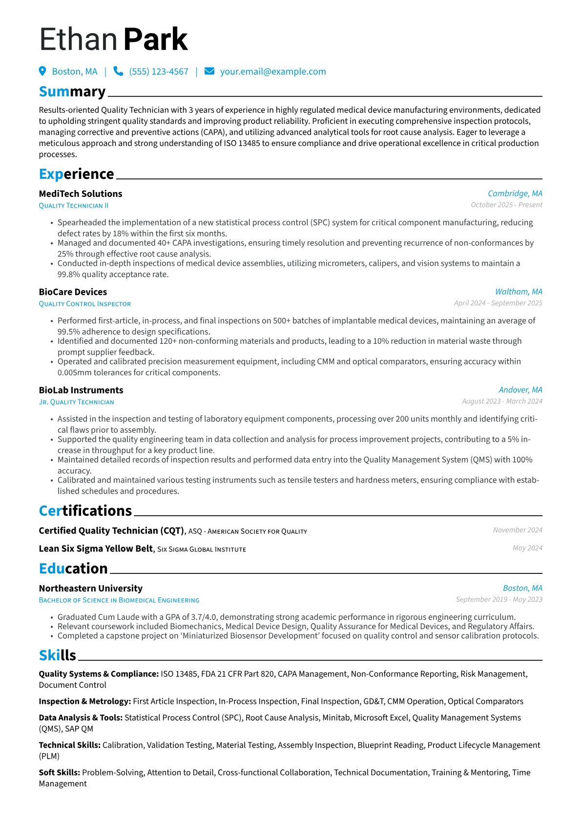 Quality Technician resume example, Medical Device Specialist, page 1