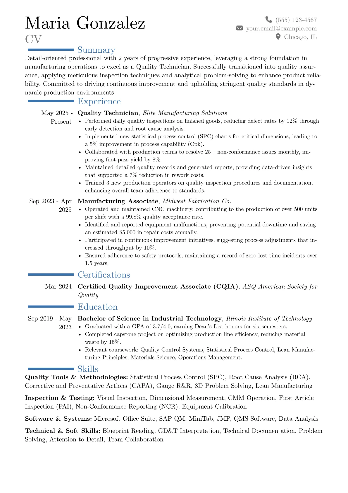 Quality Technician resume example, Career changer, page 1