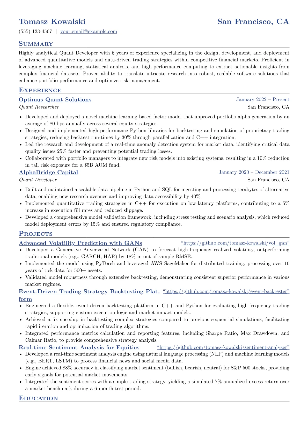 Quant Developer resume example, Quant Developer - ML/Stats, page 1