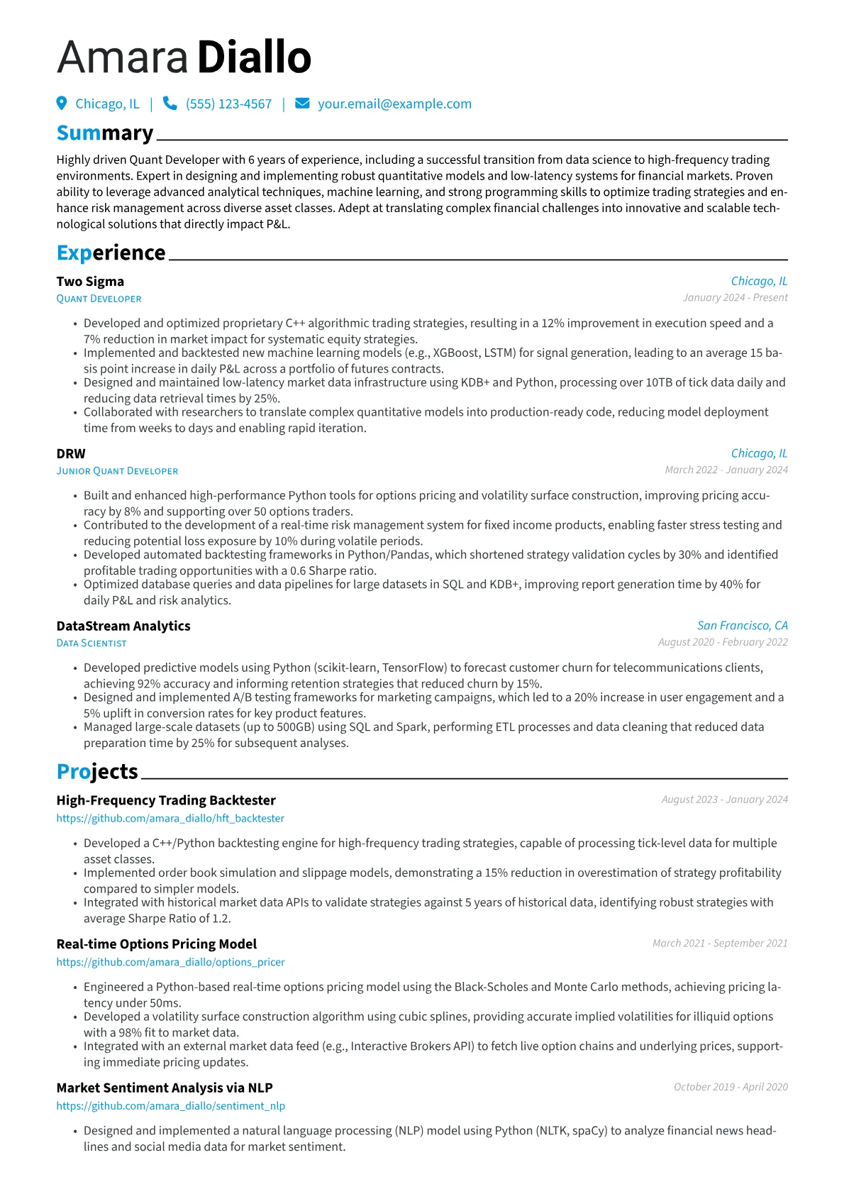 Quant Developer resume example, Career changer, page 1