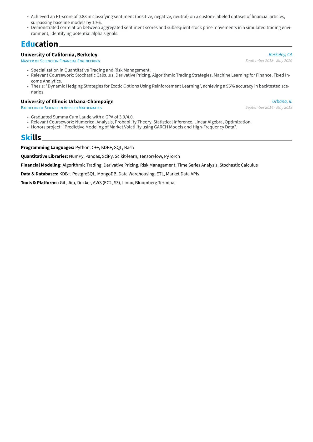 Quant Developer resume example, Career changer, page 2