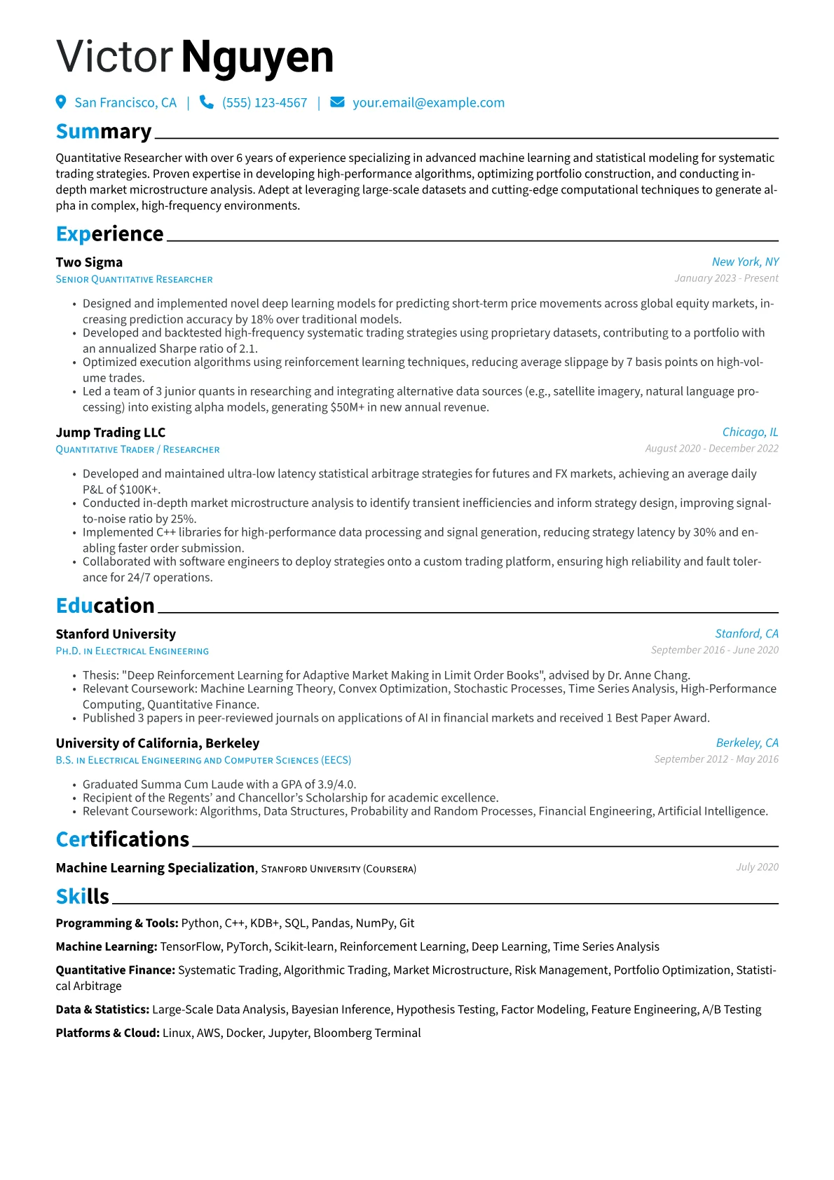 Quantitative Researcher resume example, Quant Researcher, page 1