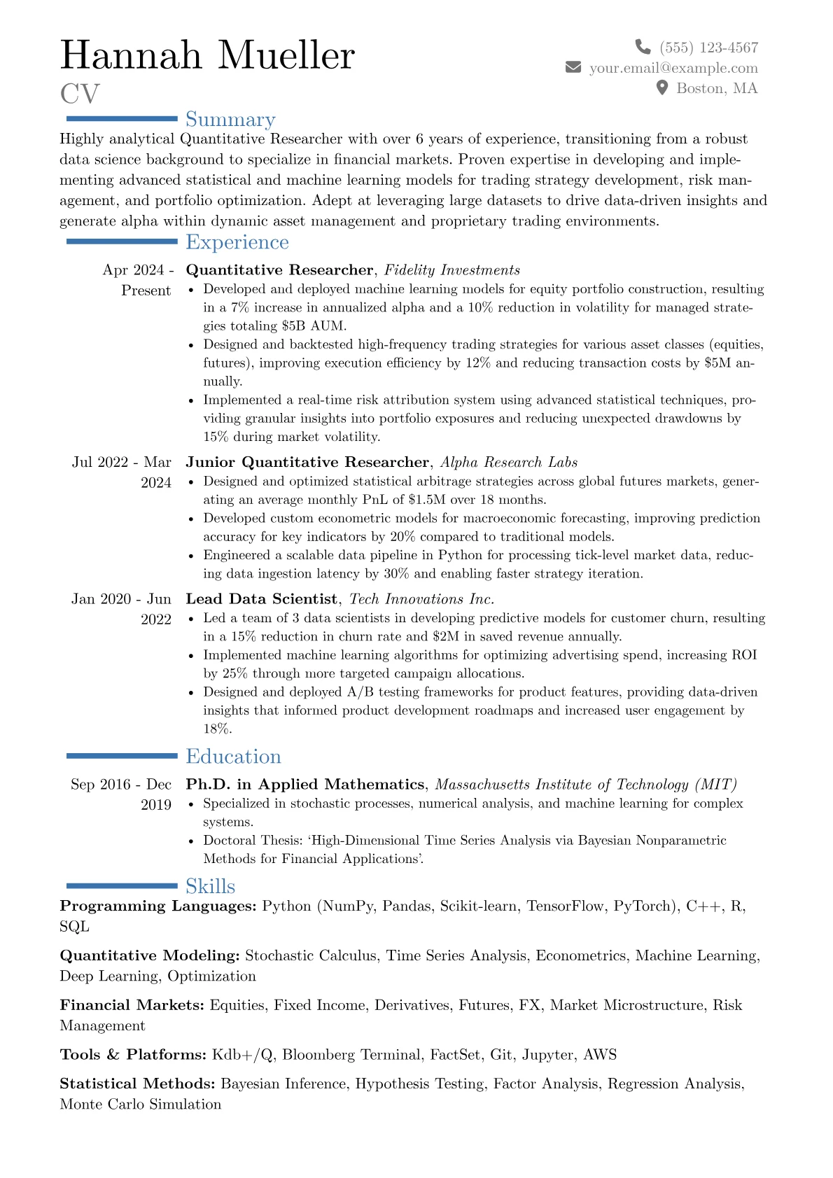 Quantitative Researcher resume example, Career changer, page 1