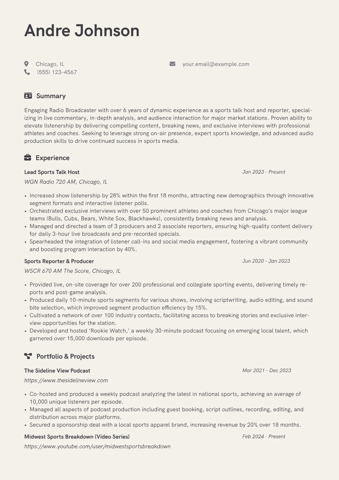 Radio Broadcaster resume example, Radio Broadcaster, page 1