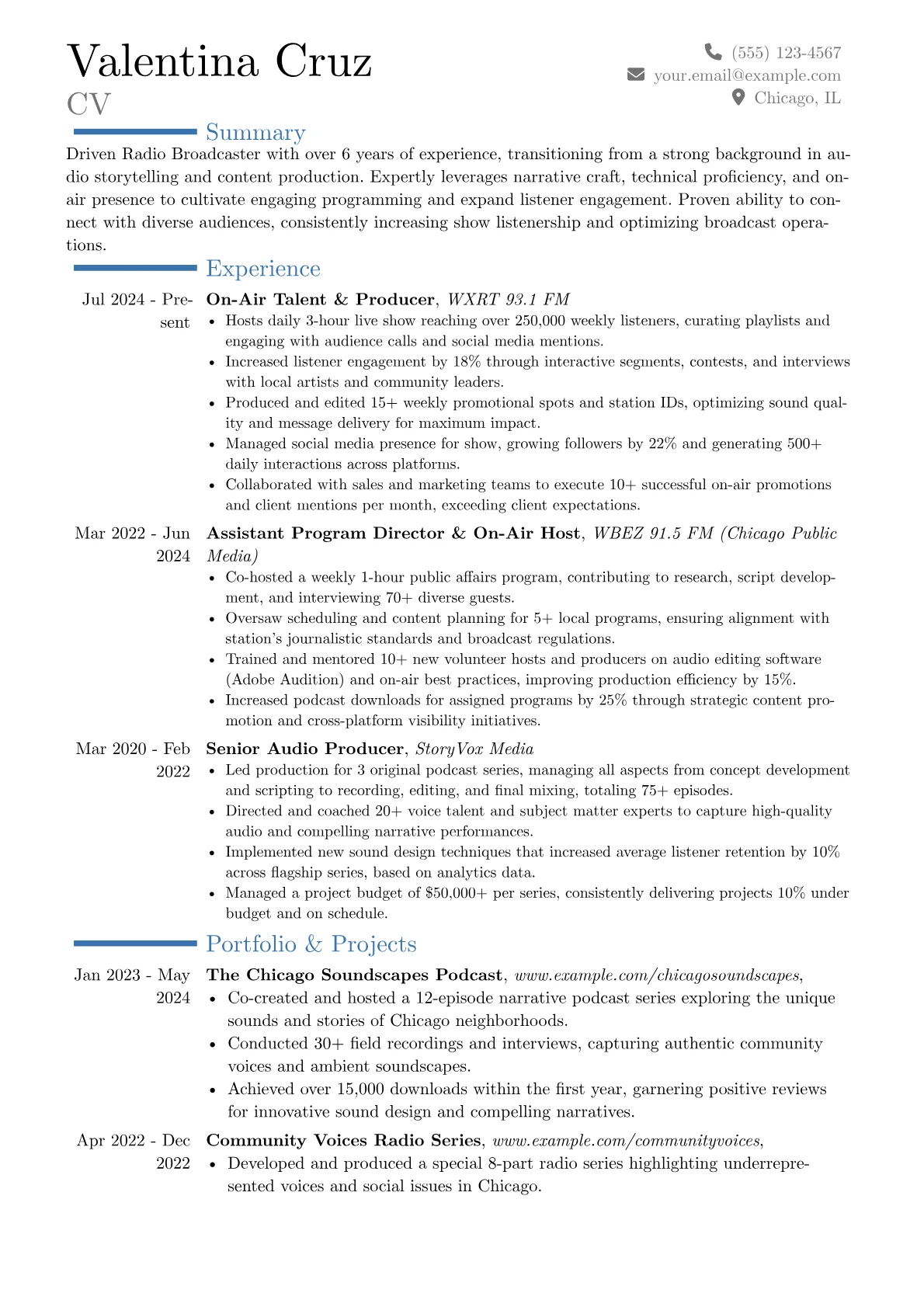 Radio Broadcaster resume example, Career changer, page 1