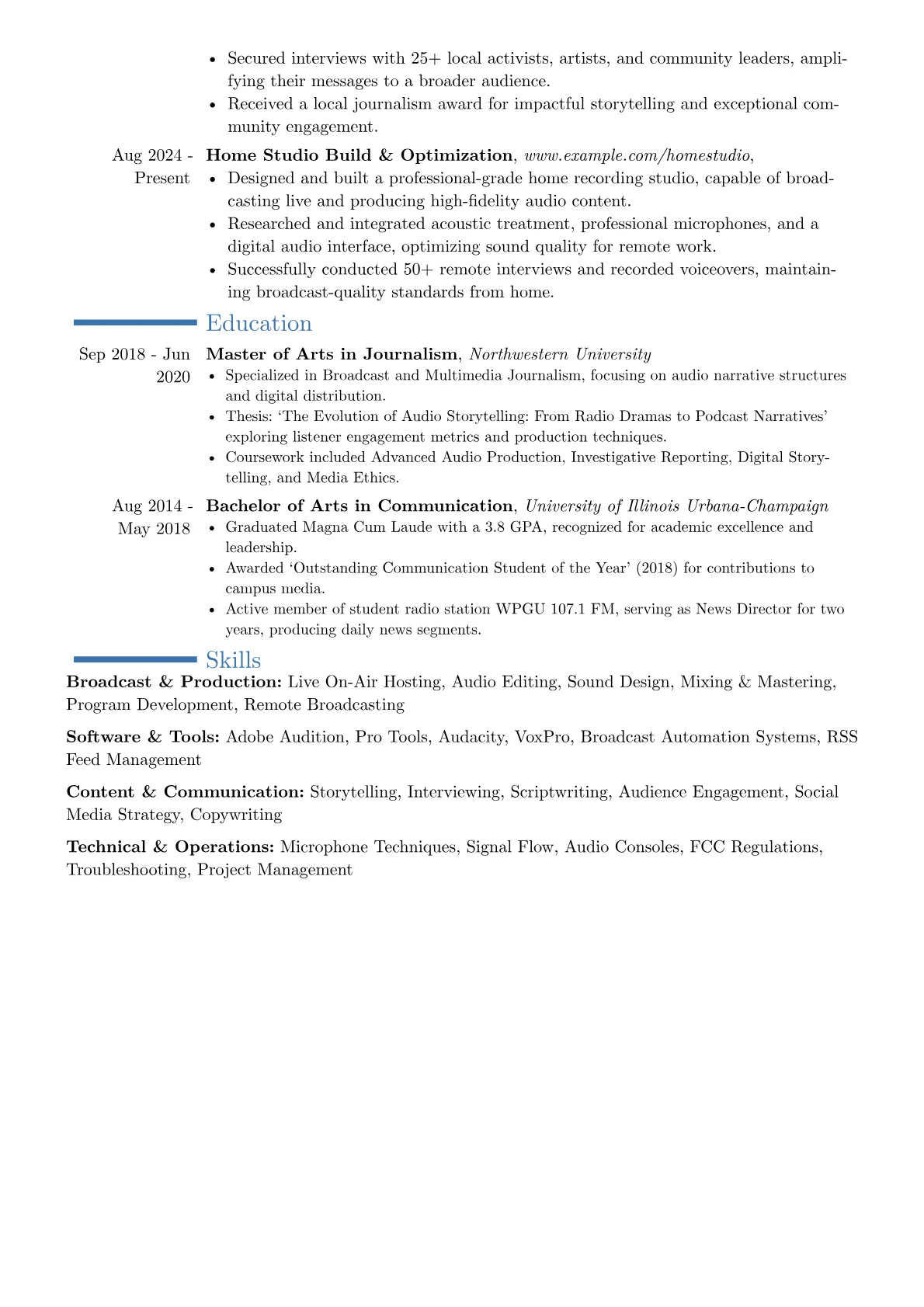Radio Broadcaster resume example, Career changer, page 2