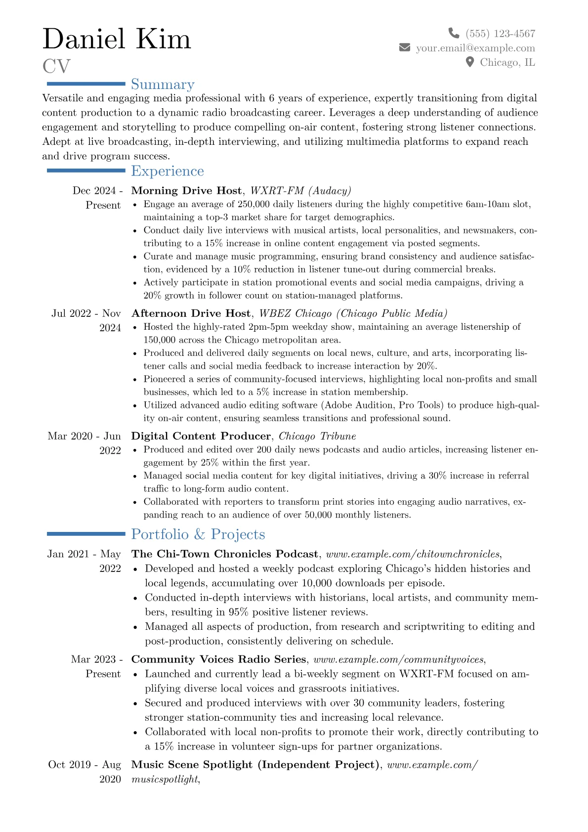 Radio Host resume example, Career changer, page 1