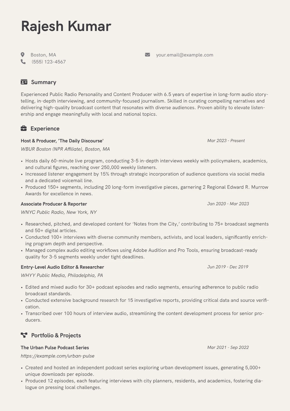 Radio Personality resume example, Public Radio Host, page 1