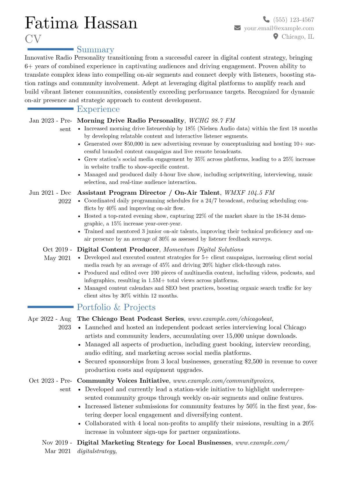 Radio Personality resume example, Career changer, page 1