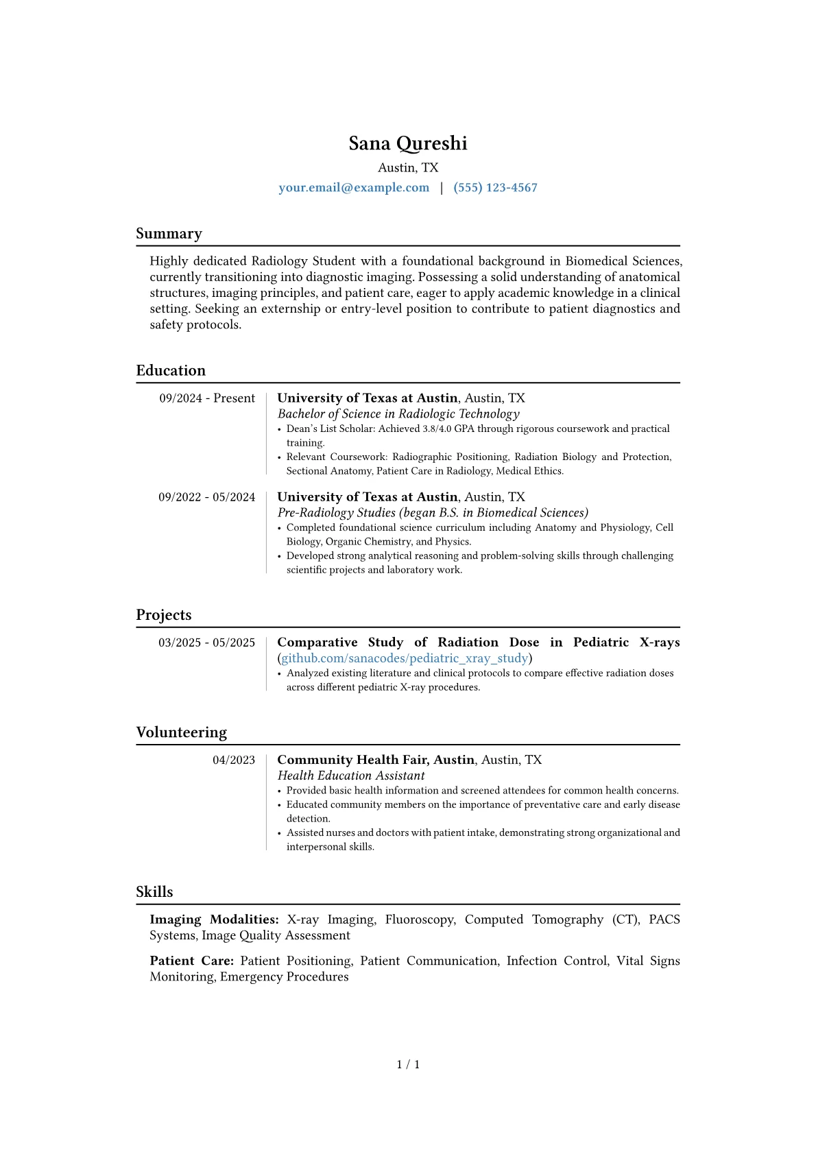 Radiology Student resume example, Career changer, page 1